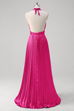 Royal Blue A Line Halter Pleated Long Prom Dress