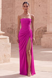 Light Pink Strapless Ruched Sheath Prom Dress with Slit