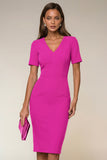 Navy V-Neck Pencil Short Sleeve Knee-Length Work Dress With Back Slit