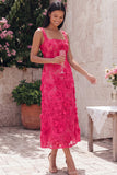 Blue Floral Square Neck A Line Midi Wedding Guest Dress