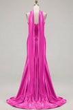 Blue Mermaid Corset Sweetheart Convertible Satin Long Prom Dress with Streamer
