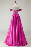 Off the Shoulder Satin Purple A Line Prom Dress
