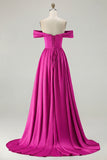 Blue Off the Shoulder A Line Satin Bridesmaid Dress