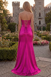 Strapless Appliqued Burgundy Corset Mermaid Long Prom Dress with Slit