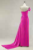 One Shoulder Green Ruched Satin Sheath Long Prom Dress with Slit