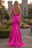 Burgundy V Neck Mermaid Ruched Long Prom Dress with Slit