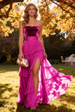 Strapless Khaki A Line Tiered Long Wedding Guest Dress With Slit