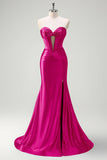 Dark Green Mermaid Strapless Beaded Corset Keyhole Satin Prom Dress with Slit