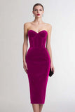Strapless Velvet Corset Burgundy Midi Holiday Party Dress