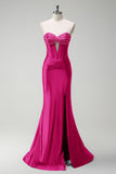 Dark Green Mermaid Beaded Keyhole Corset Satin Long Prom Dress with Slit