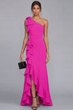 One Shoulder Black Bow Ruffle Evening Dress with Slit