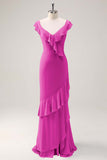 Dusty Sage Sheath V Neck Chiffon Long Bridesmaid Dress with Ruffles