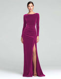 Burgundy Velvet Long Sleeve Holiday Party Dress with Slit