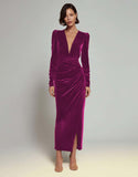Olive Velvet V Neck Bodycon Midi Formal Dress
