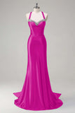 Sparkly Dark Green Mermaid Halter Corset Long Sequin Prom Dress