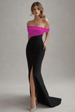 Elegant Off the Shoulder Black and White Evening Dress with Slit