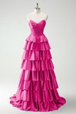 Green Princess Sweetheart Satin Tiered Long Corset Prom Dress with Slit