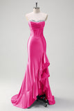 Sparkly Grey Blue Mermaid Ruffled Corset Strapless Satin Long Prom Dress with Slit