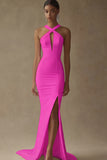 Mermaid White Keyhole Satin Wedding Dress with Slit