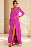 Burgundy A Line V-Neck Long Sleeves Mother of the Bride Dress With Slit