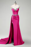 Sparkly Dark Green Mermaid Side Streamer Sequins Corset Satin Prom Dress with Slit