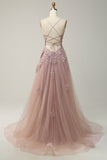 Grey Blue Spaghetti Straps A Line Long Prom Dress with Criss Cross Back