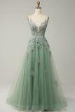 Grey Blue Spaghetti Straps A Line Long Prom Dress with Criss Cross Back