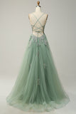Grey Blue Spaghetti Straps A Line Long Prom Dress with Criss Cross Back