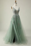 A Line Spaghetti Straps Blush Long Prom Dress with Appliques