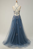 Grey Blue Spaghetti Straps A Line Long Prom Dress with Criss Cross Back