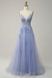 Light Purple Spaghetti Straps A Line Long Prom Dress with Lace Up Back
