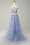 Grey Blue Spaghetti Straps A Line Long Prom Dress with Criss Cross Back