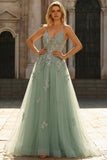 A Line Spaghetti Straps Green Long Prom Dress with Appliques