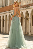 A Line Spaghetti Straps Green Long Prom Dress with Appliques