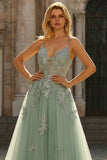 A Line Spaghetti Straps Green Long Prom Dress with Appliques