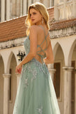 A Line Spaghetti Straps Green Long Prom Dress with Appliques
