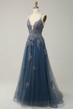 Grey Blue Spaghetti Straps A Line Long Prom Dress with Criss Cross Back