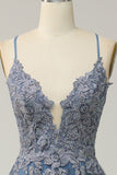 Grey Blue Spaghetti Straps A Line Long Prom Dress with Criss Cross Back