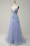Light Purple Spaghetti Straps A Line Long Prom Dress with Lace Up Back