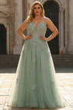 A Line Green Spaghetti Straps Tulle Plus Size Long Prom Dress with Appliques