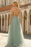 A Line Green Spaghetti Straps Tulle Plus Size Long Prom Dress with Appliques