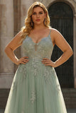A Line Green Spaghetti Straps Tulle Plus Size Long Prom Dress with Appliques