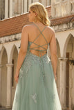 A Line Green Spaghetti Straps Tulle Plus Size Long Prom Dress with Appliques