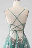 Sparkly Green A-Line Spaghetti Straps Long Prom Dress With Sequin Appliques