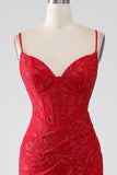 Red Beaded Lace Applique Mermaid Prom Dress With Slit