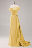 Champagne Mermaid Off the Shoulder Satin Evening Dress with Streamer