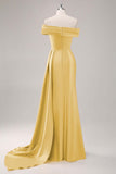 Champagne Mermaid Off the Shoulder Satin Evening Dress with Streamer