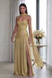 Strapless Ruched A Line Dusty Sage Evening Dress with Slit