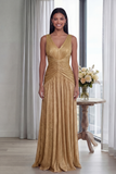 Ruched Dusty Rose A Line V Neck Evening Dress