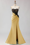 Black Green Mermaid Strapless Lace Ruched Long Prom Dress With Slit